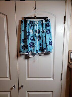 Blue Hibiscus Floral Swim Trunks Board Shorts Drawstring